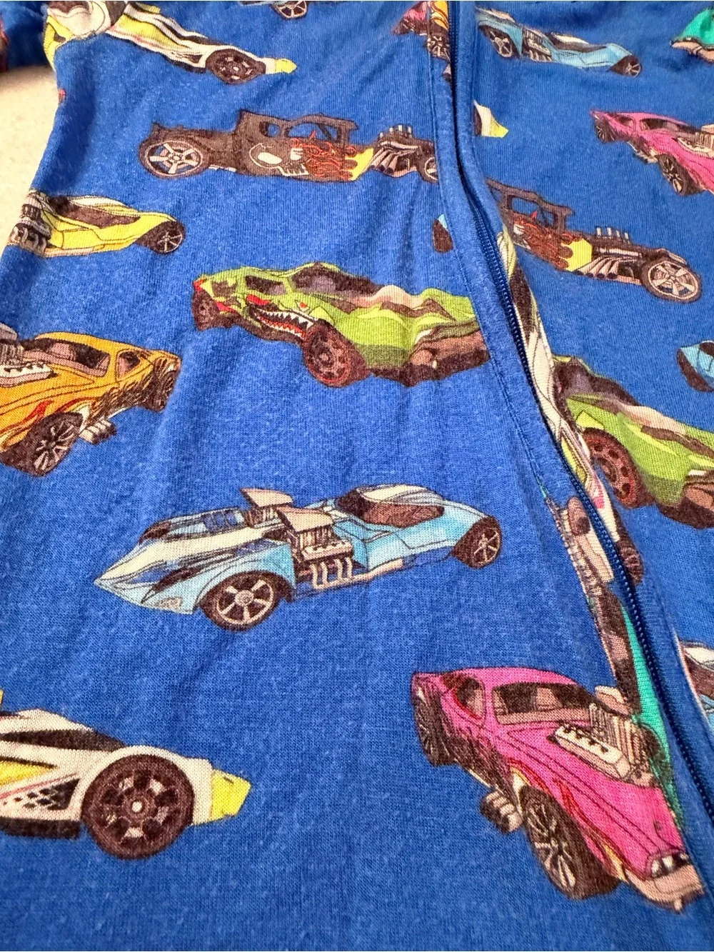 Posh Peanut Royal Blue Kids Footed Pajamas with Hot Wheels